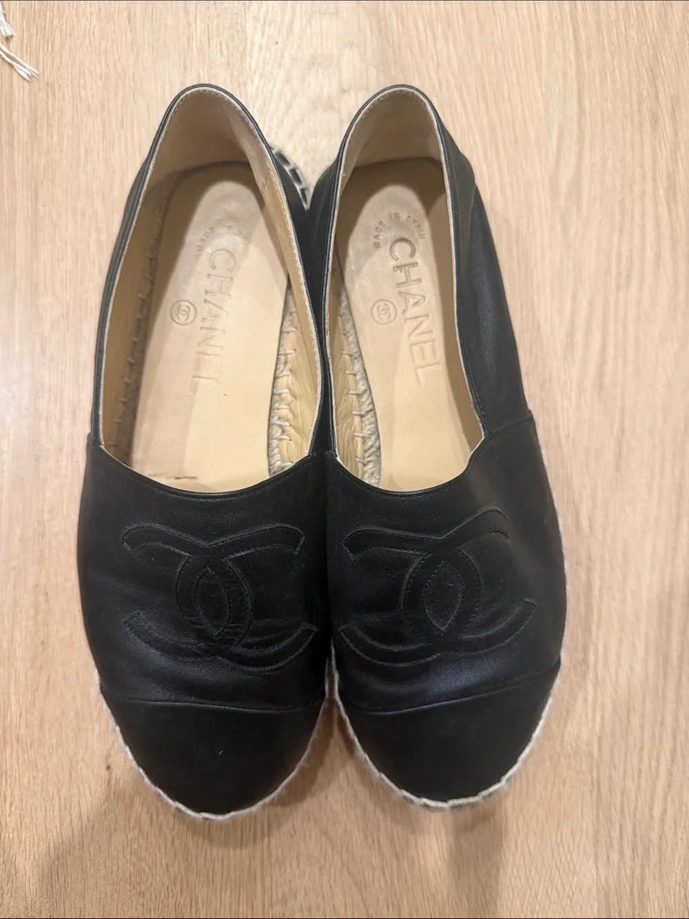 CHANEL Black Leather CC Embossed Espadrille Flats